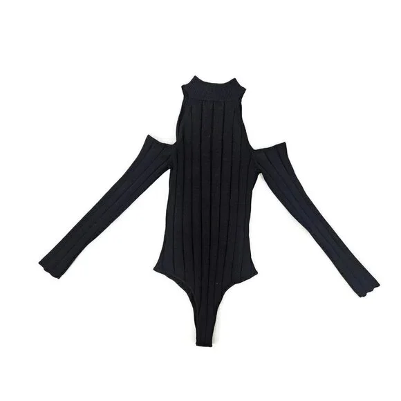 New Jonathan Simkhai Ribbed Bodysuit Women S Black Cold Shoulder Cut Out - Picture 4 of 6